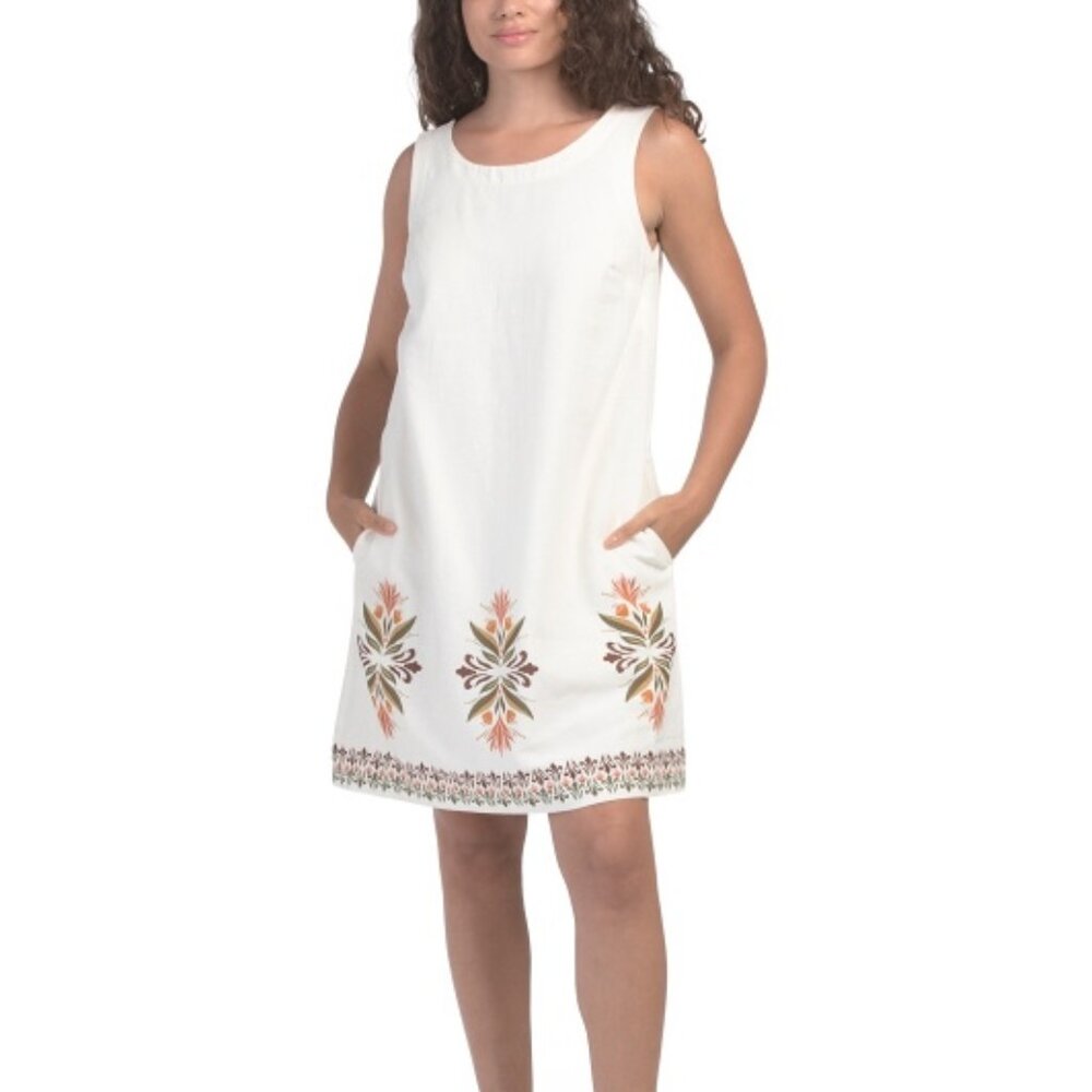 RACHEL ZOE Linen Blend Trapeze Border Print Mini Dress